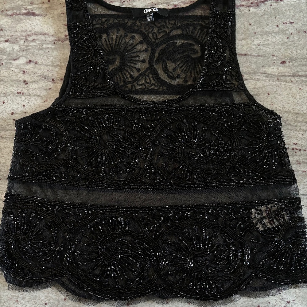ASOS Womens beaded shear tank top, black 1920's theme, Size 8